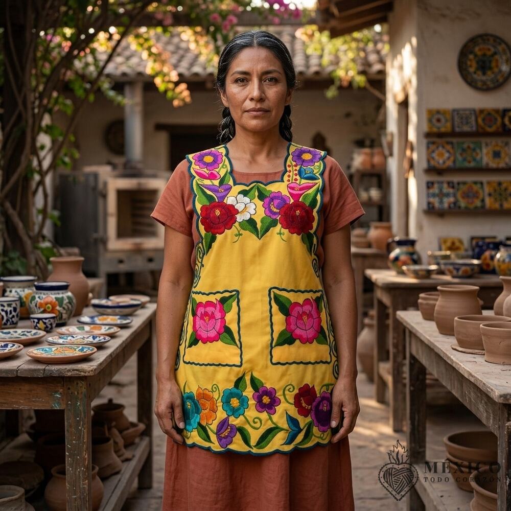 Yellow Mexican Embroidered Apron Essential Cotton Kitchen Floral fits  S and M